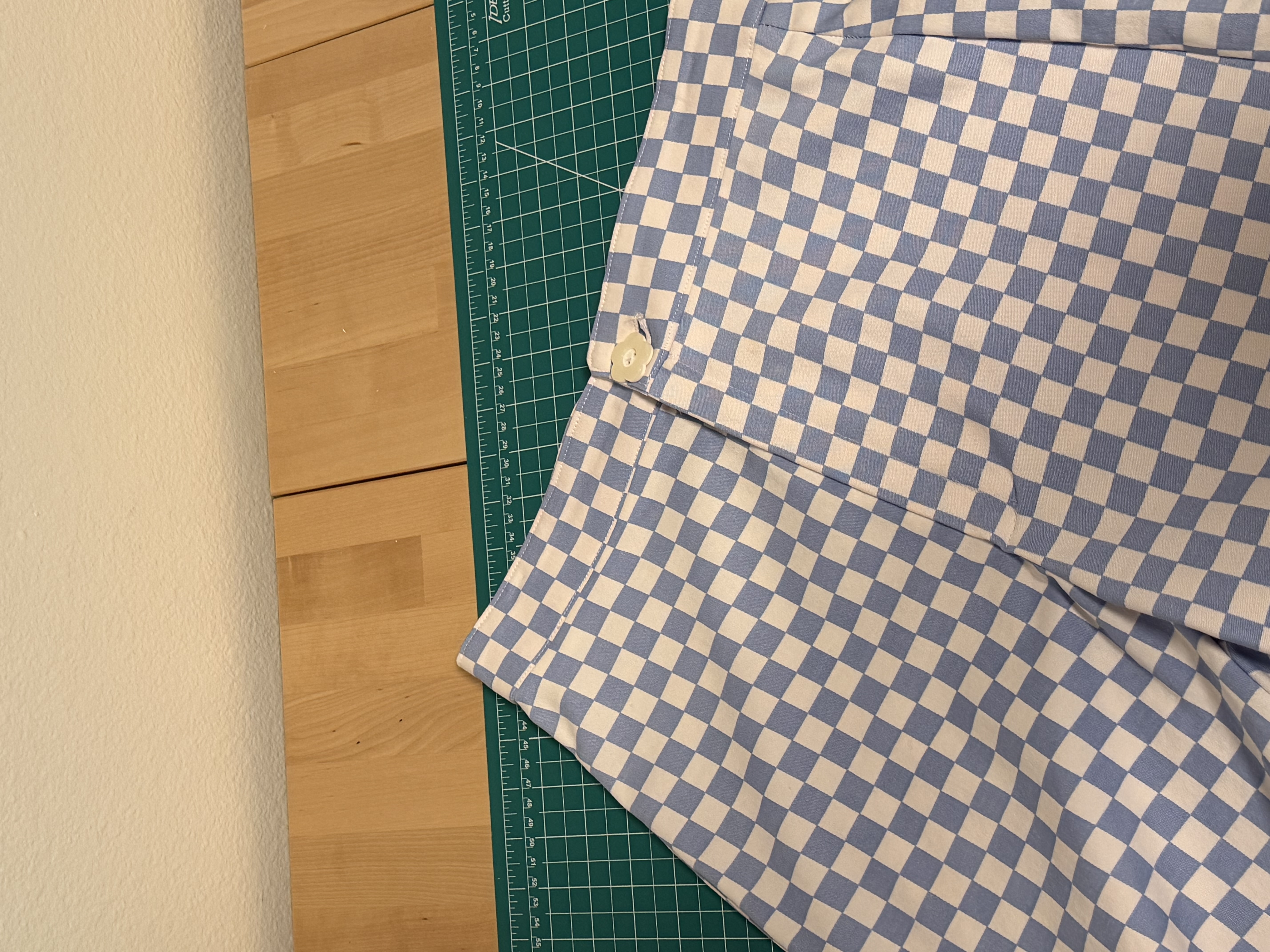 Close up of the front waistband and button on the finished Maple Culottes